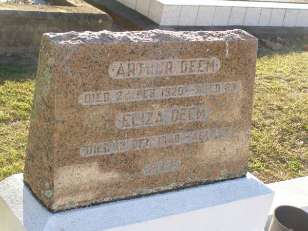 Arthur DEEM,  | died 25 Feb 1920 aged 63 years;  | Eliza DEEM,  | died 12 Dec 1940 aged 76 years;  | Polson Cemetery, Hervey Bay  | 