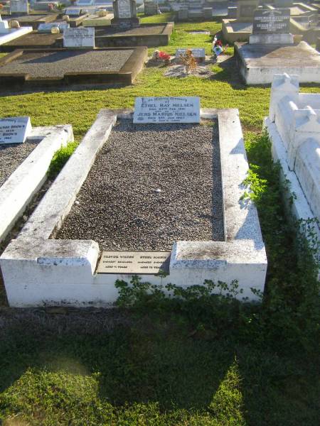 Ethel May NIELSEN,  | died 25 Feb 1961;  | Jens Marius NIELSEN,  | died 3 Jan 1967;  | Trevor WILTON,  | 5-3-1927 - 20-8-1998 aged 71 years;  | Ethel Maisie,  | 14-5-1923 - 6-3-2000 aged 76 years;  | Polson Cemetery, Hervey Bay  | 