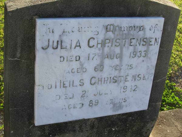 Julia CHRISTENSEN,  | died 17 Aug 1933 aged 69 years;  | Neils CHRISTENSEN,  | died 21 July 1912 aged 89 years;  | Polson Cemetery, Hervey Bay  | 