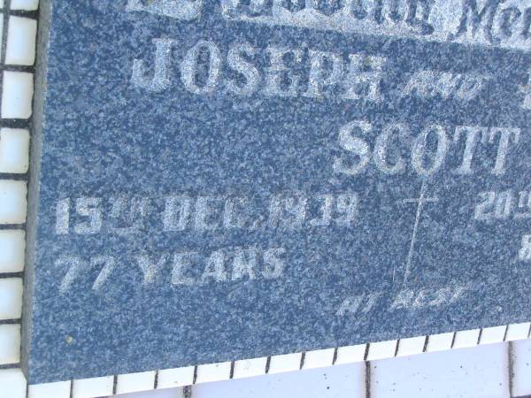 Jospeh SCOTT,  | died 15 Dec 1939 aged 77 years;  | Eliza SCOTT,  | died 20 Oct 1947 aged 85 years;  | Polson Cemetery, Hervey Bay  | 
