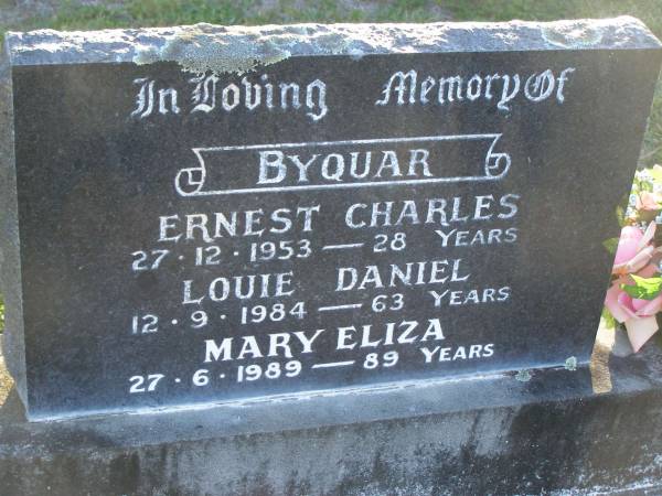 Ernest Charles BYQUAR,  | died 27-12-1953 aged 28 years;  | Louie Daniel BYQUAR,  | did 12-9-1984 aged 63 years;  | Mary Eliza BYQUAR,  | died 27-6-1989 aged 89 years;  | Polson Cemetery, Hervey Bay  | 
