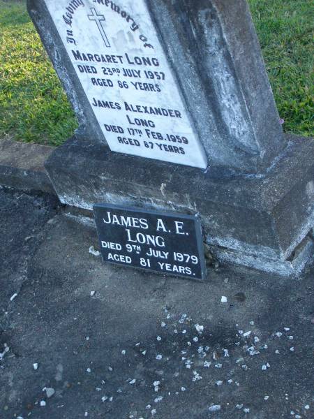 Margaret LONG,  | died 23 July 1957 aged 86 years;  | James Alexander LONG,  | died 17 Feb 1959 aged 87 years;  | James A.E. LONG,  | died 9 July 1979 aged 81 years;  | Polson Cemetery, Hervey Bay  | 