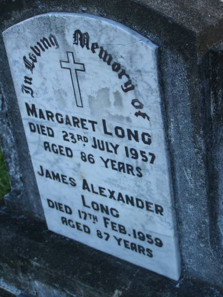 Margaret LONG,  | died 23 July 1957 aged 86 years;  | James Alexander LONG,  | died 17 Feb 1959 aged 87 years;  | James A.E. LONG,  | died 9 July 1979 aged 81 years;  | Polson Cemetery, Hervey Bay  | 