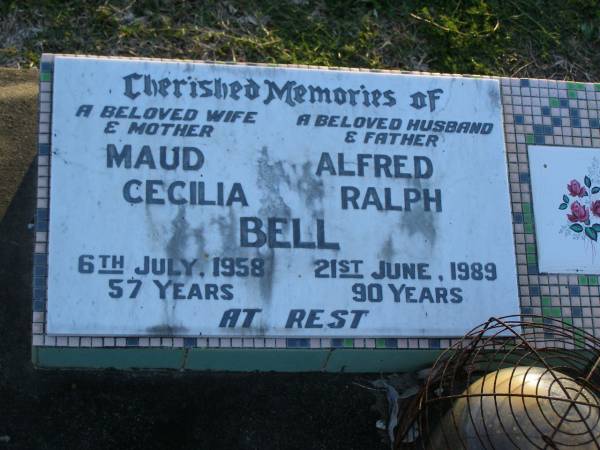 Maude Cecilia BELL,  | wife mother,  | died 6 July 1958 aged 57 years;  | Alfred Ralph BELL,  | husband father,  | died 21 June 1989 aged 90 years;  | Polson Cemetery, Hervey Bay  | 