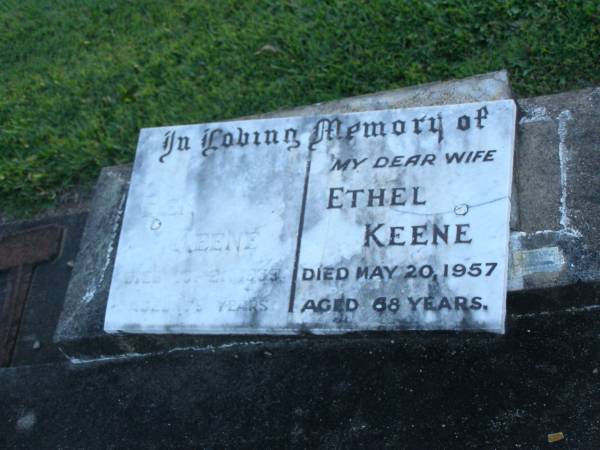 Ben KEENE,  | died 21 Oct 1969 aged 79 years;  | Ethel KEENE,  | wife,  | died 20 May 1957 aged 68 years;  | Polson Cemetery, Hervey Bay  | 