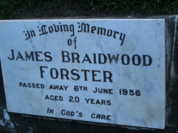 James Braidwood FORSTER,  | died 6 June 1956 aged 20 years;  | Polson Cemetery, Hervey Bay  | 