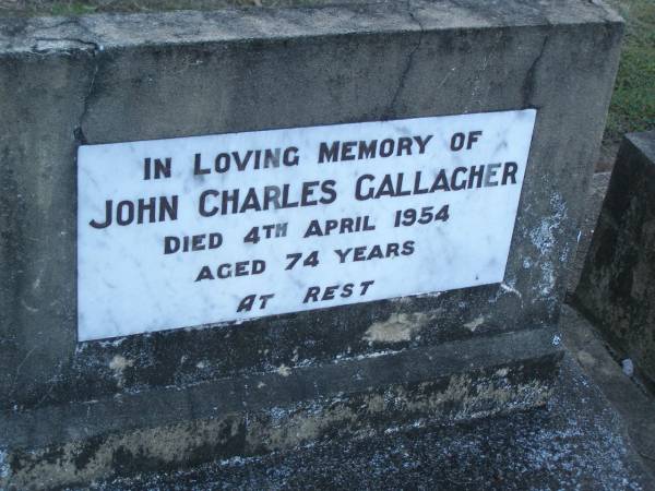 John Charles GALLAGHER,  | died 4 April 1954 aged 74 years;  | Polson Cemetery, Hervey Bay  | 
