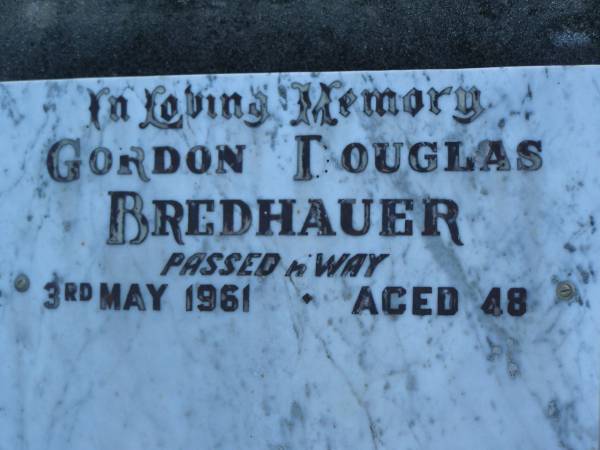 Gordon Douglas BREDHAUER,  | died 3 May 1961 aged 48 years;  | Polson Cemetery, Hervey Bay  | 