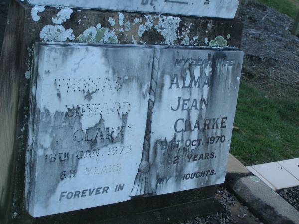 Thomas Edward CLARKE,  | died 18 Jan 1973 aged 63 years;  | Alma Jean CLARKE,  | wife,  | died 31 Oct 1970 aged 62 years;  | Polson Cemetery, Hervey Bay  | 