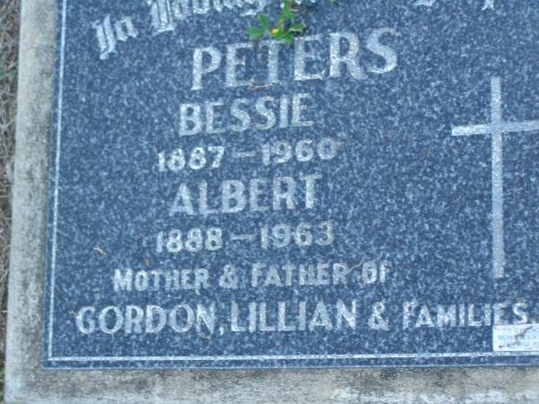 Bessie PETERS,  | 1887 - 1960;  | Albert PETERS,  | 1888 - 1963;  | mother & father of Gordon, Lillian & families;  | Polson Cemetery, Hervey Bay  | 