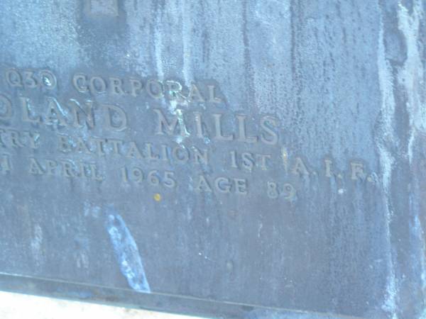 Roland MILLS,  | died 4 April 1965 aged 82 years;  | Polson Cemetery, Hervey Bay  | 