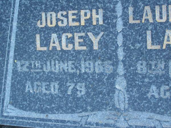 Joseph LACEY,  | died 12 June 1965 aged 79 years;  | Annie Lauretta LACEY,  | died 8 Nov 1979 aged 89 years;  | Polson Cemetery, Hervey Bay  | 
