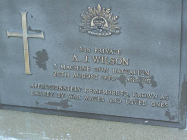 A.J. WILSON,  | died 25 Aug 1990 aged 95 years;  | Polson Cemetery, Hervey Bay  |   | 