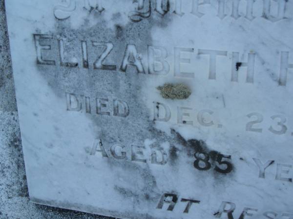 Elizabeth HUGHES,  | died 23 Dec 1968 aged 85 years;  | Polson Cemetery, Hervey Bay  | 