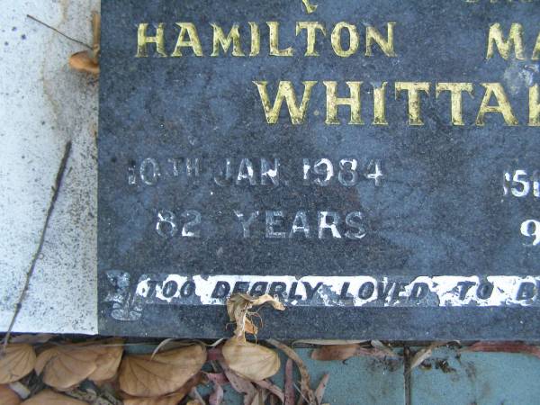 Edward Hamilton WHITTAKER,  | died 10 Jan 1984 aged 82 years;  | Frances Matilda WHITTAKER,  | died 15 May 1999 aged 94 years;  | Polson Cemetery, Hervey Bay  | 