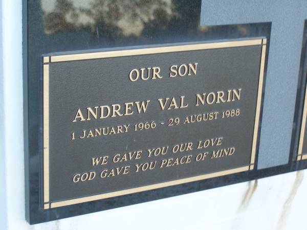 Andrew Val NORIN,  | son,  | 1 Jan 1966 - 29 Aug 1988;  | Polson Cemetery, Hervey Bay  | 