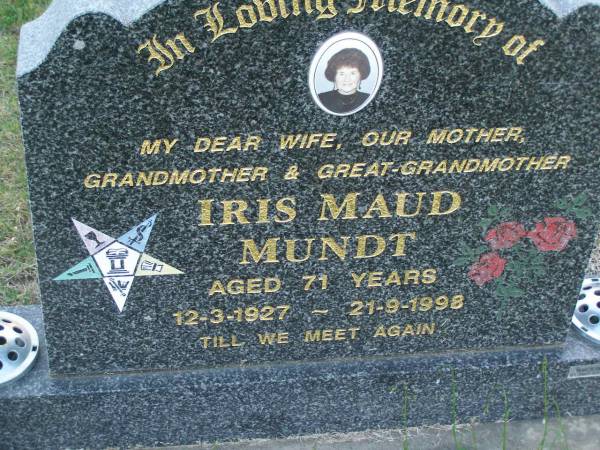 Iris Maud MUNDT,  | wife mother grandmother great-grandmother,  | 12-3-1927 - 21-9-1998 aged 71 years;  | Polson Cemetery, Hervey Bay  | 