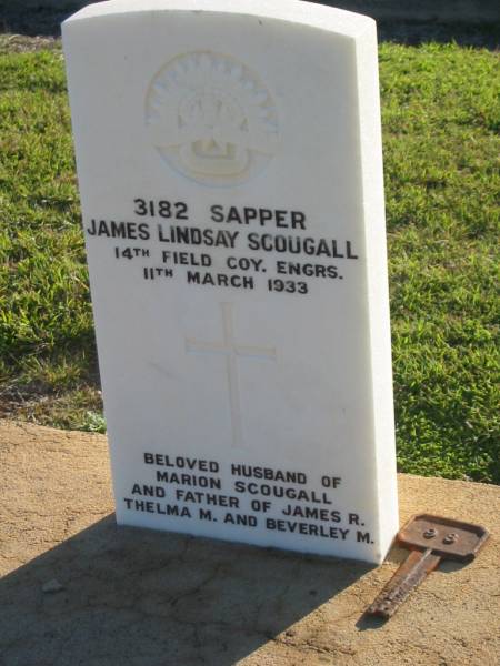 James Lindsay SCOUGALL,  | died 11 March 1933,  | husband of Marion SCOUGALL,  | father of James R., Thelma M. & Beverley M.;  | Polson Cemetery, Hervey Bay  | 
