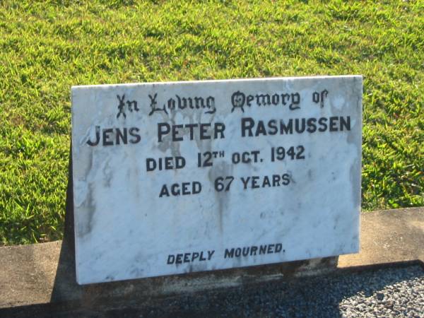 Jens Peter RASMUSSEN,  | died 12 Oct 1942 aged 67 years;  | Polson Cemetery, Hervey Bay  | 