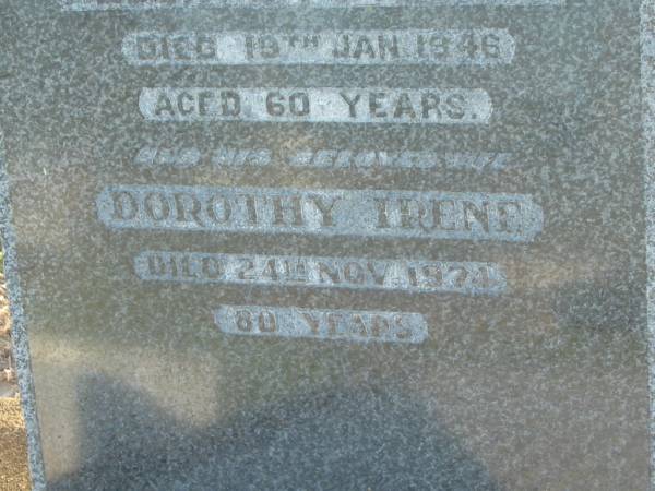 Albert E. PETERSON,  | died 19 Jan 1946 aged 60 years;  | Dorothy Irene,  | wife,  | died 24 Nov 1974 aged 80 years;  | Polson Cemetery, Hervey Bay  | 