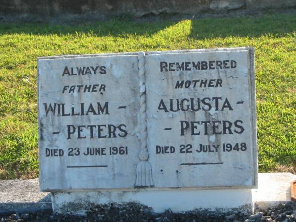 William PETERS,  | father,  | died 23 June 1961;  | Augusta PETERS,  | mother,  | died 22 July 1948;  | Polson Cemetery, Hervey Bay  | 