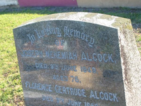 Joseph Nehemiah ALCOCK,  | died 8 June 1949 aged 76 years;  | Florence Gertrude ALCOCK,  | died 9 June 1959 aged 76 years;  | Polson Cemetery, Hervey Bay  | 