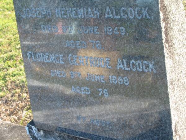 Joseph Nehemiah ALCOCK,  | died 8 June 1949 aged 76 years;  | Florence Gertrude ALCOCK,  | died 9 June 1959 aged 76 years;  | Polson Cemetery, Hervey Bay  | 