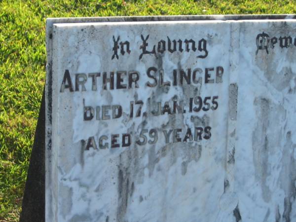 Arther SLINGER,  | died 17 Jan 1955 aged 59 years;  | Polson Cemetery, Hervey Bay  | 