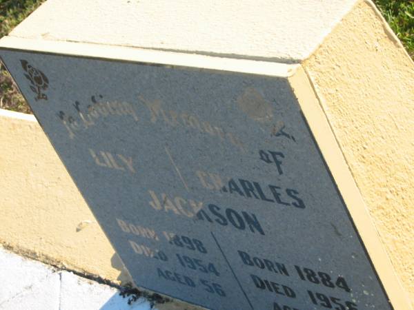Lily JACKSON,  | born 1898,  | died 1954 aged 56 years;  | Charles JACKSON,  | born 1883,  | died 1956 aged 72 years;  | Polson Cemetery, Hervey Bay  | 