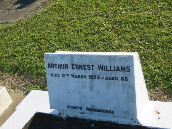Arthur Ernest WILLIAMS,  | died 8 March 1953 aged 66 years;  | Polson Cemetery, Hervey Bay  | 