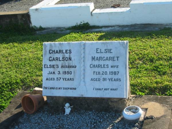 Charles CARLSON,  | husband of Elsie,  | died 3 Jan 1950 aged 57 years;  | Elsie Margaret,  | wife of Charles,  | died 20 Feb 1987 aged 91 years;  | Polson Cemetery, Hervey Bay  | 