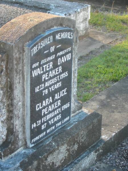 Walter David PEAKER,  | died 12 Aug 1955 aged 78 years;  | Clara Alice PEAKER,  | ded 14 Feb 1966 aged 87 years;  | parents;  | Polson Cemetery, Hervey Bay  | 