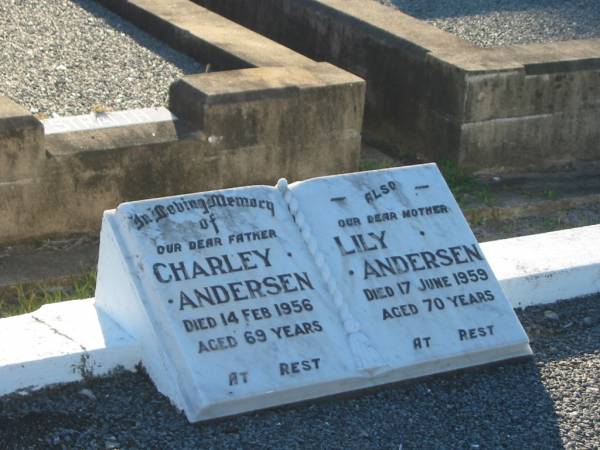Charley ANDERSEN,  | father,  | died 14 Feb 1956 aged 69 years;  | Lily ANDERSEN,  | mother,  | died 17 June 1959 aged 70 years;  | Polson Cemetery, Hervey Bay  | 