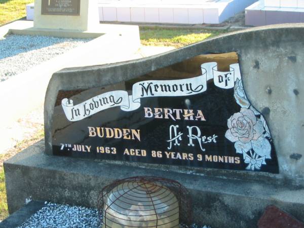 Bertha BUDDEN,  | died 7 July 1963 aged 86 years 9 months;  | Polson Cemetery, Hervey Bay  | 