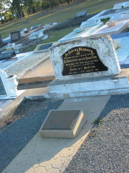 Harold Gilbert BARTON,  | husband of Dorothy,  | father,  | died 22 June 1961 aged 70 years;  | Dorothy BARTON,  | died 1 June 1987 aged 91 years;  | Polson Cemetery, Hervey Bay  | 