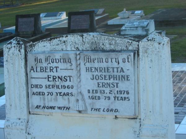 Albert ERNST,  | died 11 Sept 1960 aged 70 years;  | Henrietta Josephine ERNST,  | died 13-2-1976 aged 79 years;  | Polson Cemetery, Hervey Bay  | 