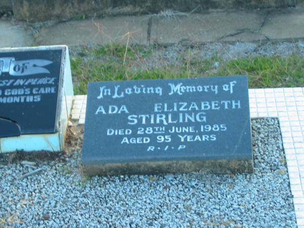 Frederick Joseph STIRLING,  | husband father,  | died 8 Dec 1963 aged 84 years 9 months;  | Ada Elizabeth STIRLING,  | died 28 June 1985 aged 95 years;  | Polson Cemetery, Hervey Bay  | 