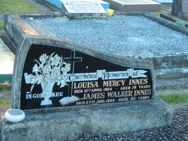 Louisa Mercy INNES,  | died 12 April 1964 aged 79 years;  | James Walker INNES,  | died 27 Aug 1968 aged 87 years;  | Polson Cemetery, Hervey Bay  | 