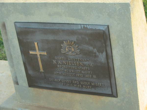 N.A. NIELSEN,  | died 16 Aug 1970 aged 81 years,  | wife Ruby;  | Polson Cemetery, Hervey Bay  | 