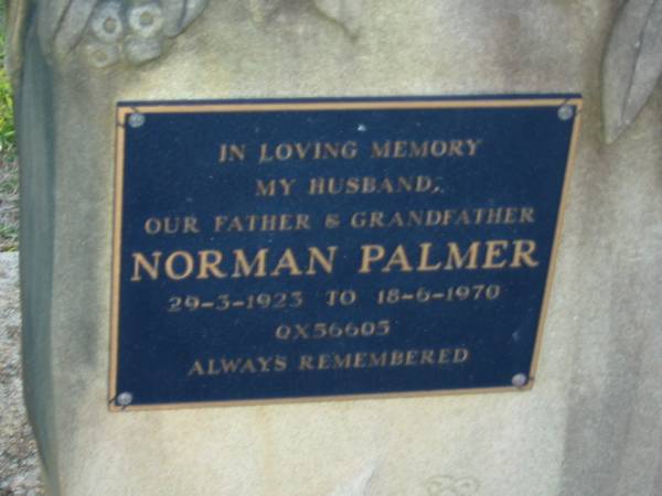 Norman PALMER,  | husband father grandfather,  | 29-3-1923 - 18-6-1970;  | Polson Cemetery, Hervey Bay  | 