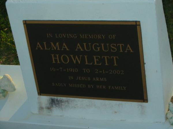 Alma Augusta HOWLETT,  | 16-7-1910 - 2-1-2002;  | Polson Cemetery, Hervey Bay  | 