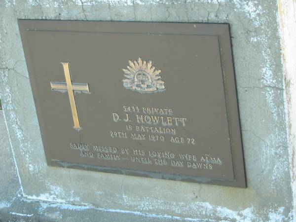 D.J. HOWLETT,  | died 29 May 1970 aged 72 years,  | wife Alma;  | Polson Cemetery, Hervey Bay  | 