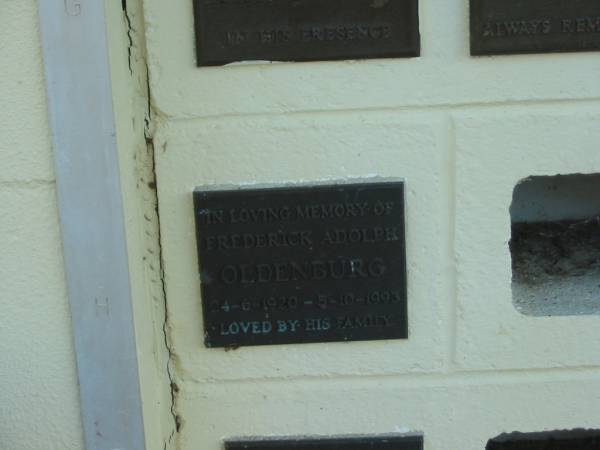 Frederick Adolph OLDENBURG,  | 24-6-1920 - 5-10-1993;  | Polson Cemetery, Hervey Bay  | 