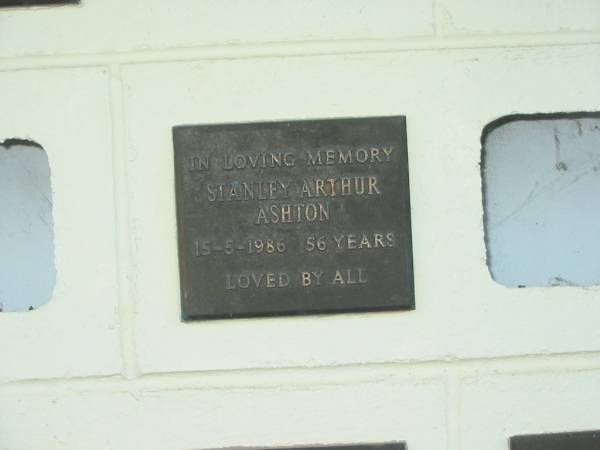 Stanley Arthur ASHTON,  | died 15-5-1986 aged 56 years;  | Polson Cemetery, Hervey Bay  | 
