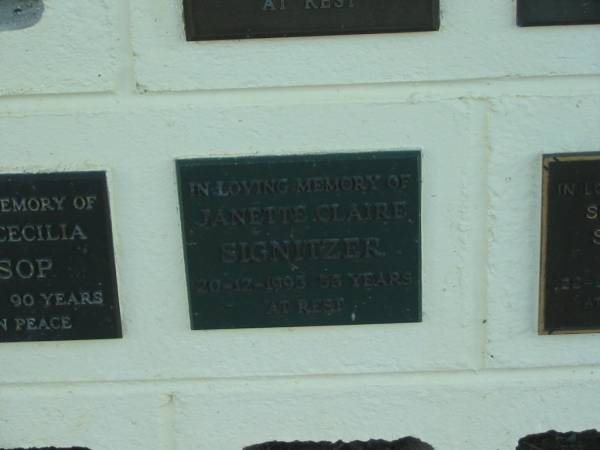 Janette Claire SIGNITZER,  | died 20-12-1993 aged 53 years;  | Polson Cemetery, Hervey Bay  | 