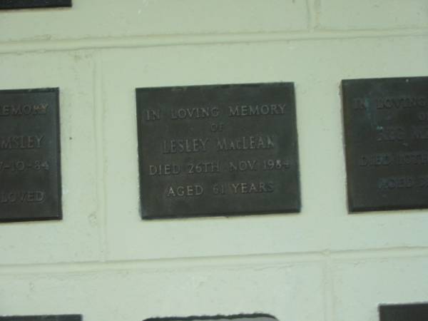 Lesley MACLEAN,  | died 26 Nov 1984 aged 61 years;  | Polson Cemetery, Hervey Bay  | 