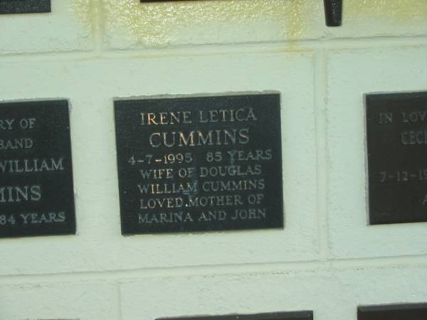 Irene Letica CUMMINS,  | died 4-7-1995 aged 85 years,  | wife of Douglas William CUMMINS,  | mother of Marina & John;  | Polson Cemetery, Hervey Bay  | 