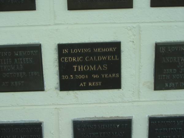 Cedric Caldwell THOMAS,  | died 20-3-2004 aged 96 years;  | Polson Cemetery, Hervey Bay  | 