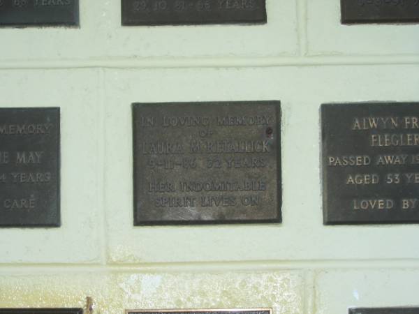 Laura M. RETALLICK,  | died 9-11-86 aged 72 years;  | Polson Cemetery, Hervey Bay  | 
