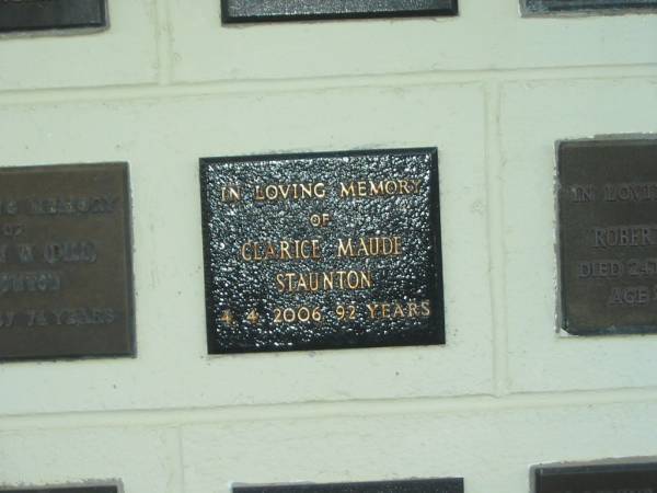 Clarice Maude STAUNTON,  | died 4-4-2006 aged 92 years;  | Polson Cemetery, Hervey Bay  | 